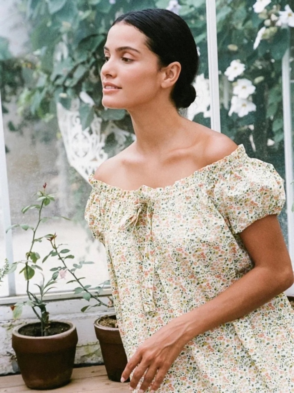 Piyama Lily Lounge Floret Green Off Shoulder Mini Cotton Dress